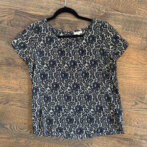 JOIE ABELINA Black Lace Print 100% Silk Short Sleeve Blouse Size S